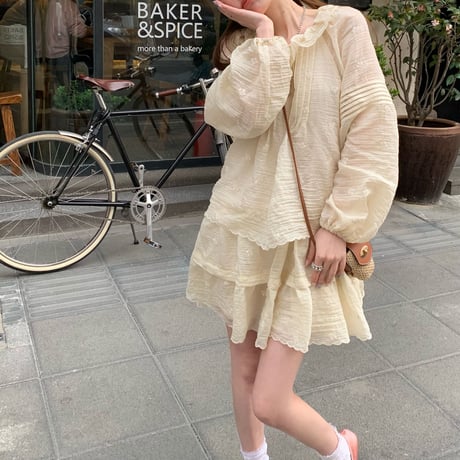 フェイクレイヤード ワンピース レース フリル ミニワンピース ゆったりウエスト Aライン 長袖 レトロ 韓国ファッション レディース 大人可愛い ガーリー DTC-769341141605