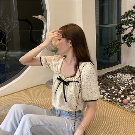 小花柄 ブラウス スクエアネック パフ袖 半袖 薄手 韓国ファッション レディース トップス 大人可愛い ガーリー フェミニンDTC-639992353910)