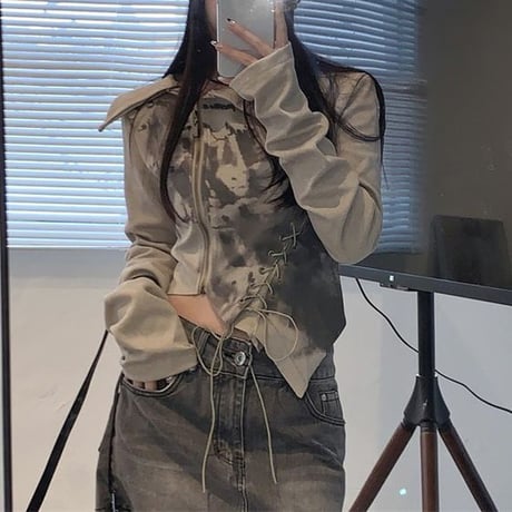 不規則デザイン 襟付き Tシャツ レースアップ ファスナー ジップアップ ショート丈 トップス スリムフィット 韓国ファッション レディース 大人可愛い ガーリー DTC-695994211842