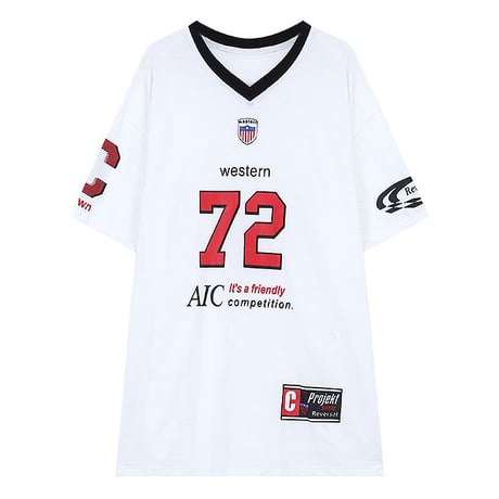 Tシャツ ユニフォーム風 Vネック オーバーサイズ トップス ビッグシルエット 半袖 レトロ 韓国ファッション レディース 大人可愛い ガーリー スポーツミックス DTC-802799667904