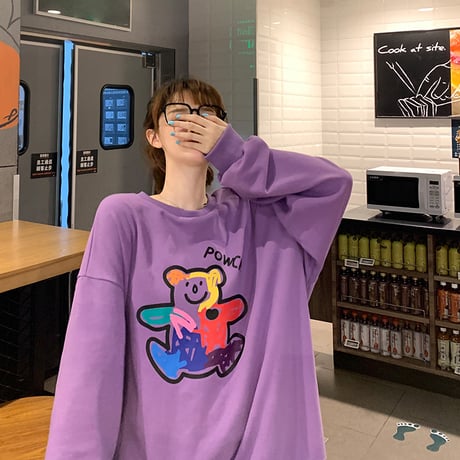 トレーナー 落書き風 クマちゃん プリント ルーズ スウェット 韓国ファッション レディース ラウンドネック 長袖 ガーリー (DTC-624906211705)