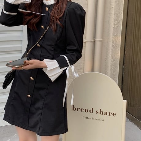 ワンピース フリル バイカラー ボタン ハイウエスト 長袖 韓国ファッション レディース 大人可愛い ガーリー フェミニン DTC-633361821578