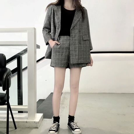 レディース ジャケット ショートパンツ チェック柄 セットアップ 大人 ガジュアル ハイウエスト ガーリー 韓国ファッション (DCT-588392928821)