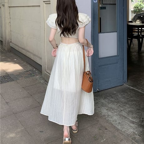 背中開き ワンピース バックオープン フライングスリーブ ロング丈 ウエスト開き Aライン ハイウエスト レトロ 大人可愛い ガーリー 韓国ファッション レディース DTC-724421380320