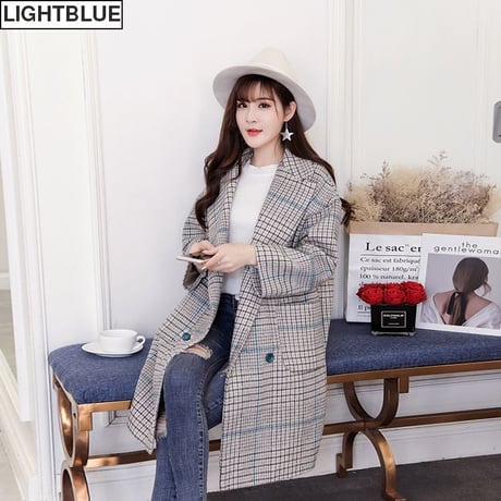チェスターコート チェック柄 ひざ丈 韓国 ファッション レディース アウター ウールコート ダブルブレス レトロ ガーリー (DTC-603144493061)