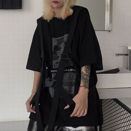 ストラップ付き Tシャツ 半袖 ルーズ 韓国ファッション レディース トップス ゆったり 大きめ カジュアル ストリートファッション DTC-641557398016