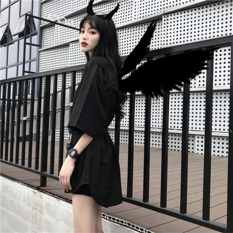 シャツ ブラウス 半袖 ベルト付き ミニバッグ付き 韓国ファッション レディース 黒 ブラック ポシェット チュニック DTC-594419657503
