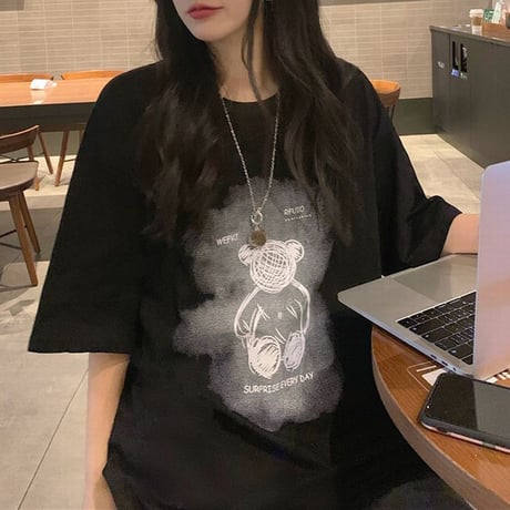 Tシャツ 半袖 クマちゃん ベアー プリント ラウンドネック オーバーサイズ 韓国ファッション レディース 大きめ ガーリー カジュアル ストリートファッション DTC-646471922876