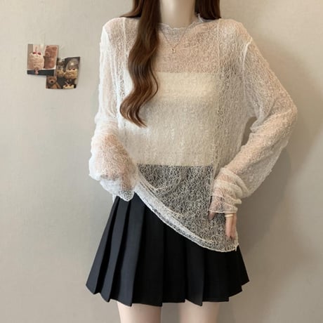 シアートップス レース tシャツ トップス クルーネック UVカット シアーtシャツ ゆったり ルーズ 長袖 レトロ 大人可愛い ガーリー トレンド DTCA-907055529072