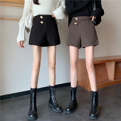 ショートパンツ ハイウエスト ボタン 韓国ファッション レディース ワイドレッグパンツ カジュアル 大人可愛い ガーリー DTC-631987259023