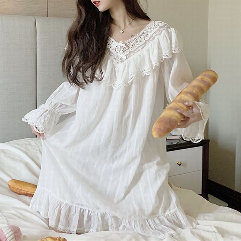 ルームウェア パジャマ ネグリジェ ワンピース レース フリル リボン V