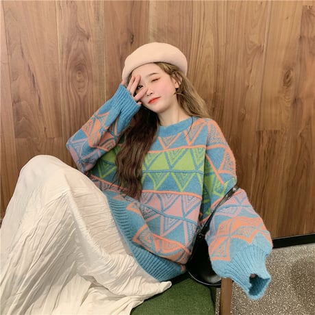 セーター ダイヤモンド柄 プルオーバー 韓国ファッション レディース ダイヤ柄 ニット ニットセーター レトロ 秋 冬 (DTC-608923083459)