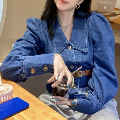 デニムジャケット ベルト付き デニムシャツ パフスリーブ ショート丈 長袖 ルーズ ゆったり レトロ 韓国ファッション レディース 大人可愛い ガーリー カジュアル DTC-654163811428