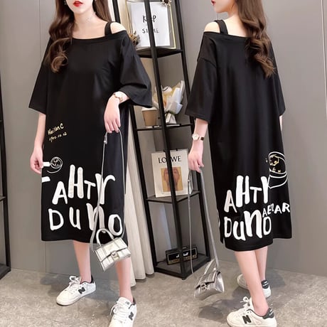 Tシャツ ワンピース オフショルダー ワンショルダー ゆったり 半袖 ロング丈 レトロ 韓国ファッション レディース 大人可愛い ガーリー カジュアル DTC-643529650399