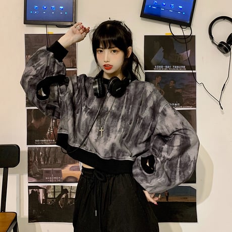 タイダイ染め トレーナー ショート丈 薄手 長袖 ルーズ トップス レトロ 韓国ファッション レディース ガーリー カジュアル ストリート系 DTC-625718801834