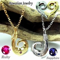 ハワイアンジュエリー ネックレス 金属アレルギー対応 フィッシュフック サファイア ルビー ステンレス メンズ レディース アクセサリー インスタ Gps81026-27