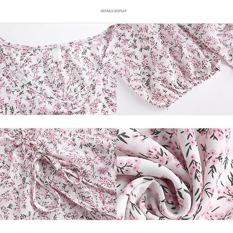 花柄ワンピース ギャザー Vネック パフ袖 ハイウエスト 半袖 Aライン ロング丈 シンプル 韓国ファッション レディース 大人可愛い ガーリー フェミニン DTC-644250041473