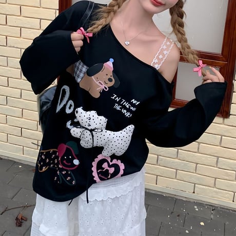 トップス ロンT レース肩紐 ワンショルダー オフショルダー わんちゃん リボン tシャツ 肩出し オーバーサイズ ゆったり 長袖 レトロ 大人可愛い ガーリー DTCA-838606400944
