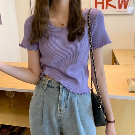 ウェーブヘム リブニット サマーニット Tシャツ 半袖 ラウンドネック トップス 韓国ファッション レディース カットソー シンプル 大人可愛い ガーリー DTC-639423318201