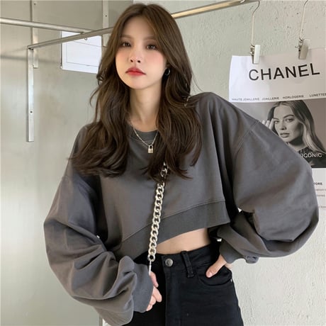 クロップド丈 トレーナー 薄手 ドロップショルダー ゆったり プルオーバー 長袖 ショート丈 レトロ 韓国ファッション レディース 大人可愛い ガーリー カジュアル DTC-656440978189