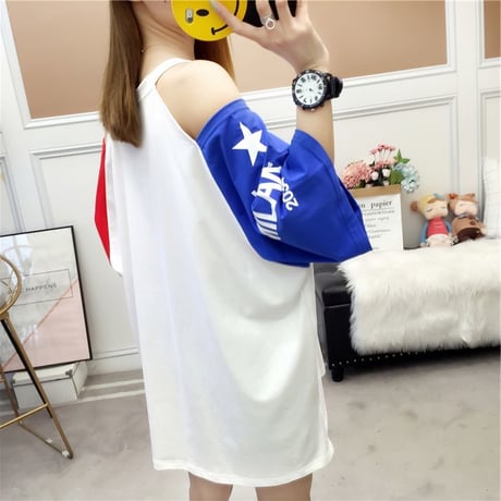 レディース 肩開き 肩出し バイカラー Tシャツ ゆったり 半袖 チュニック オフショルダー 韓国ファッション オルチャン (DCT-586776858110)