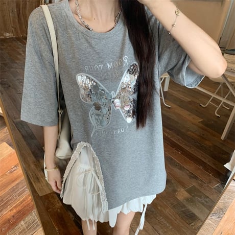 Tシャツ スパンコール バタフライ 蝶 レース スリット キラキラ トップス ルーズ 半袖 レトロ 韓国ファッション レディース 大人可愛い ガーリー DTC-797869272696