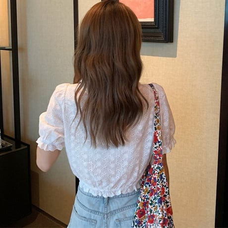 ドローストリング ブラウス フリル レース パフ袖 へそ出し Vネック 半袖 韓国ファッション レディース トップス 薄手 ショート丈 大人可愛い ガーリー  DTC-642653119312