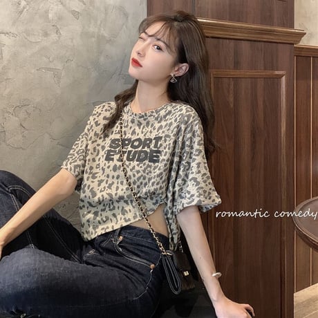 ヒョウ柄 クロップド丈 Tシャツ へそ出し 半袖 ラウンドネック 韓国ファッション レディース レオパード柄 ショート丈 トップス 夏 大人可愛い ガーリー DTC-637990184848