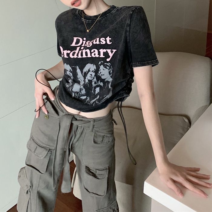 tシャツ 半袖 ショート丈 ドロスト 英字プリント ドローコード ドロー