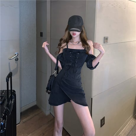 デニム ワンピース 絞り上げ 半袖 ハイウエスト パフ袖 韓国ファッション レディース 大人可愛い ガーリー DTC-643037180623