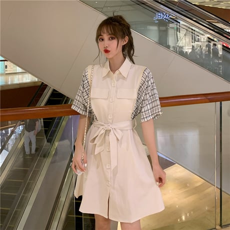 シャツワンピース バイカラー チェック柄 無地 韓国ファッション レディース ワンピース Aライン シングルブレスト ハイウエスト 無地 フレア シンプル ガーリー DTC-619337093068