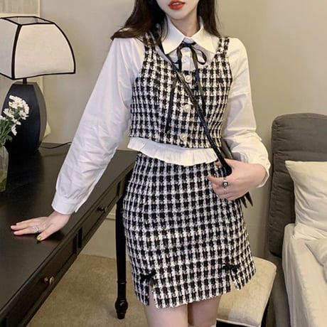 セットアップ 3点セット ボウタイ ブラウス 千鳥格子 チェック柄 ベスト スカート クロップド丈 ハイウエスト リボン レトロ 大人可愛い ガーリー フェミニン DTC-666642582085