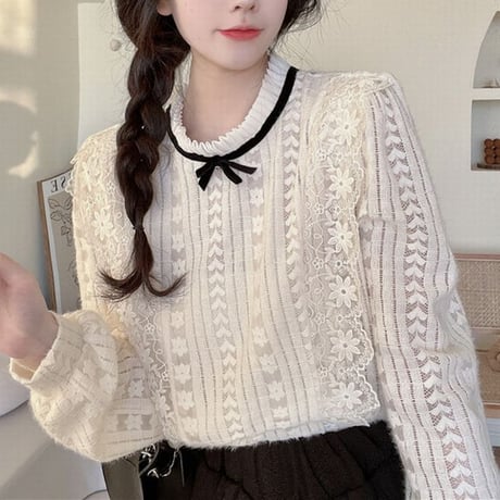 レースブラウス ブラウス レース 長袖 ルーズ レトロ 韓国ファッション レディース 大人可愛い ガーリー フェミニン DTC-666086954713