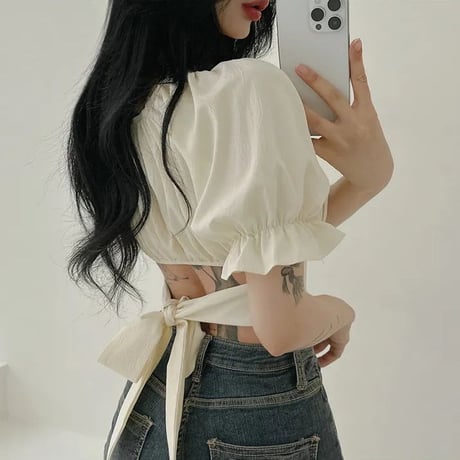 2way ブラウス バックリボン スクエアネック ボリュームスリーブ ショート丈 半袖 パフスリーブ トップス レトロ 大人可愛い ガーリー カジュアル DTCA-721322003815