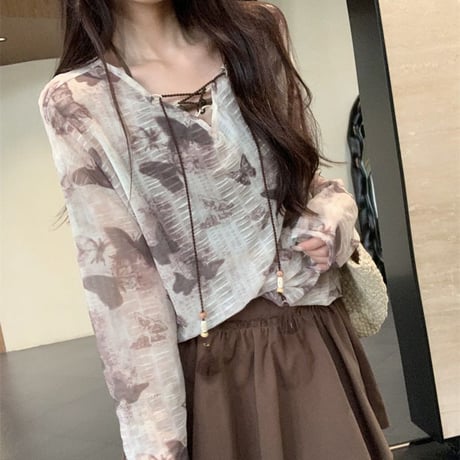 シアートップス バタフライ柄 シースルー オーバーサイズ tシャツ ルーズ 長袖 レトロ 韓国ファッション レディース 大人可愛い ガーリー DTC-803808832596