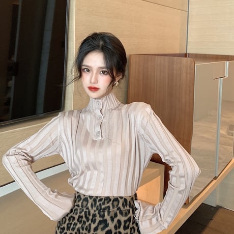 ニットセーター リブニット ハーフボタン ボタン ハーフハイネック スリムニット 長袖 レトロ 韓国ファッション レディース 大人可愛い ガーリー DTC-656815973964
