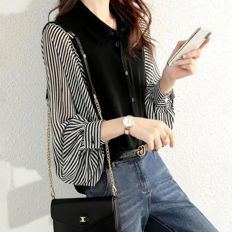 ブラウス ストライプ柄 ランタンスリーブ シフォン 切り替え レイヤード風 ルーズ レトロ 韓国ファッション レディース 大人可愛い ガーリー オフィスカジュアル DTC-642816012866
