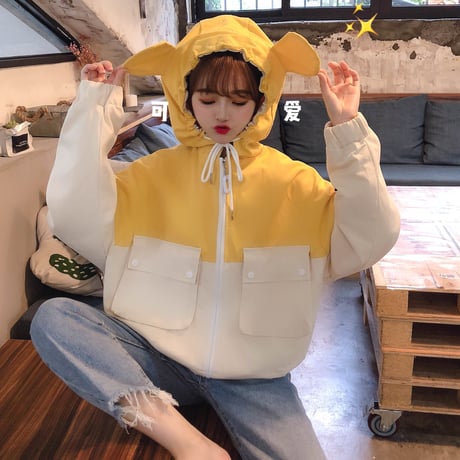 フードブルゾン 耳付きフード 韓国ファッション レディース ジップ ルーズ ジャケット フードジャンパー アウター 切り替えデザイン 大人カジュアル 韓国 (DTC-600210963513)
