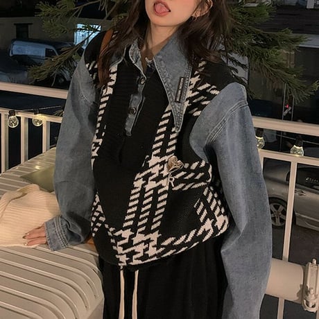 ドッキングトップス フェイクレイヤード デニムシャツ ニットベスト ダメージ加工 チェック柄 レトロ 韓国ファッション レディース 大人可愛い ガーリー カジュアル DTC-665578093033