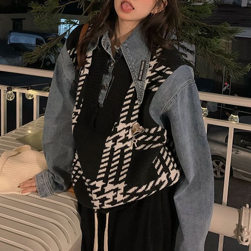 Dalfwin 韓国ファッション ダメージニットドッキングデザインシャツ 韓国ファッション ダメージニットドッキングデザインシャツ