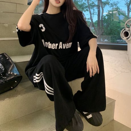 セットアップ サイドライン Tシャツ ワイドパンツ 半袖 ロゴ トップス スポーツミックス 上下セット レトロ 韓国ファッション レディース 大人可愛い ガーリー DTC-786931285601