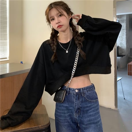 クロップド丈 トレーナー 薄手 ドロップショルダー ゆったり プルオーバー 長袖 ショート丈 レトロ 韓国ファッション レディース 大人可愛い ガーリー カジュアル DTC-656440978189