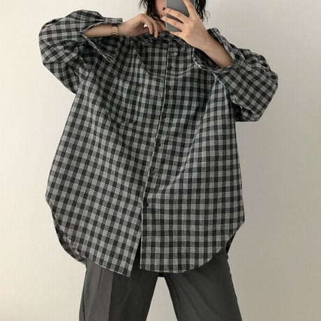 韓国ファッション チェック柄 シャツ ルーズ ゆったり 長袖 ストリート 襟ロング 大人カジュアル 秋 冬 オルチャン 韓国 レディース (DTC-601823900318_002)