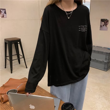 Tシャツ 2カラー 長袖 ルーズ 韓国ファッション レディース トップス 英字プリント シンプル ラウンドネック オーバーサイズ カジュアル かわいい 626233161455