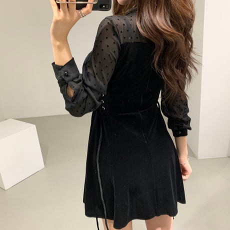 ハート ドット シースルー ワンピース ベルベット 韓国ファッション レディース ラウンドネック ハイウェスト ゆったり 大人可愛い ガーリー DTC-627470204490