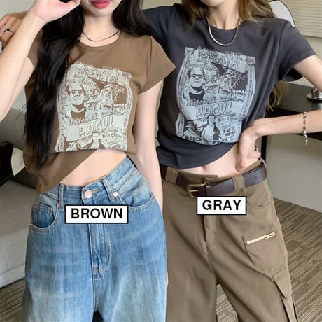 Tシャツ 半袖 ショート丈 トップス レトロ 韓国ファッション レディース 大人可愛い ガーリー カジュアル DTC-702569094290