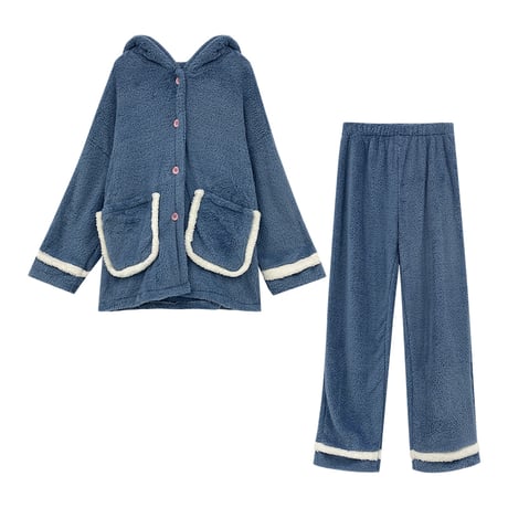 【ルームウェア】 フリース パジャマ セットアップ トップス + パンツ シャーク サメ 長袖 ブルー パープル 上下セット 韓国ファッション レディース ガーリー DTC-628699765024