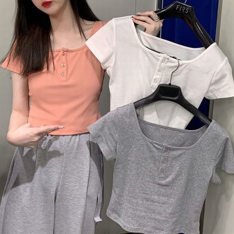 ボタン付き Tシャツ クロップド丈 スクエアネック 半袖 韓国ファッション レディース トップス ヘンリーネック カットソー シンプル 大人可愛い ガーリー DTC-638088651360