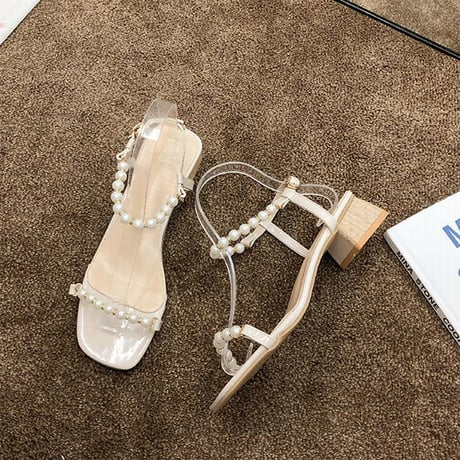 サンダル イミテーションパール アンクルストラップ チャンキーヒール 4.5cm スクエアトゥ 韓国ファッション レディース 痛くない かわいい 靴 歩きやすい 597358297090