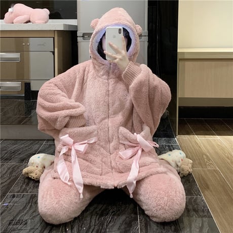ルームウェア パジャマ セットアップ 耳付き リボン もこもこ ボア 上下セット 部屋着 寝間着 大人可愛い ガーリー DTC-665152458223